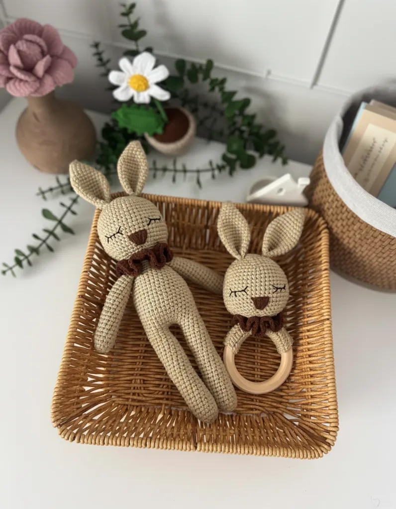 Natürel Tavşan Amigurumi Uyku Arkadaşı ve Çıngırak Seti - El Emeği