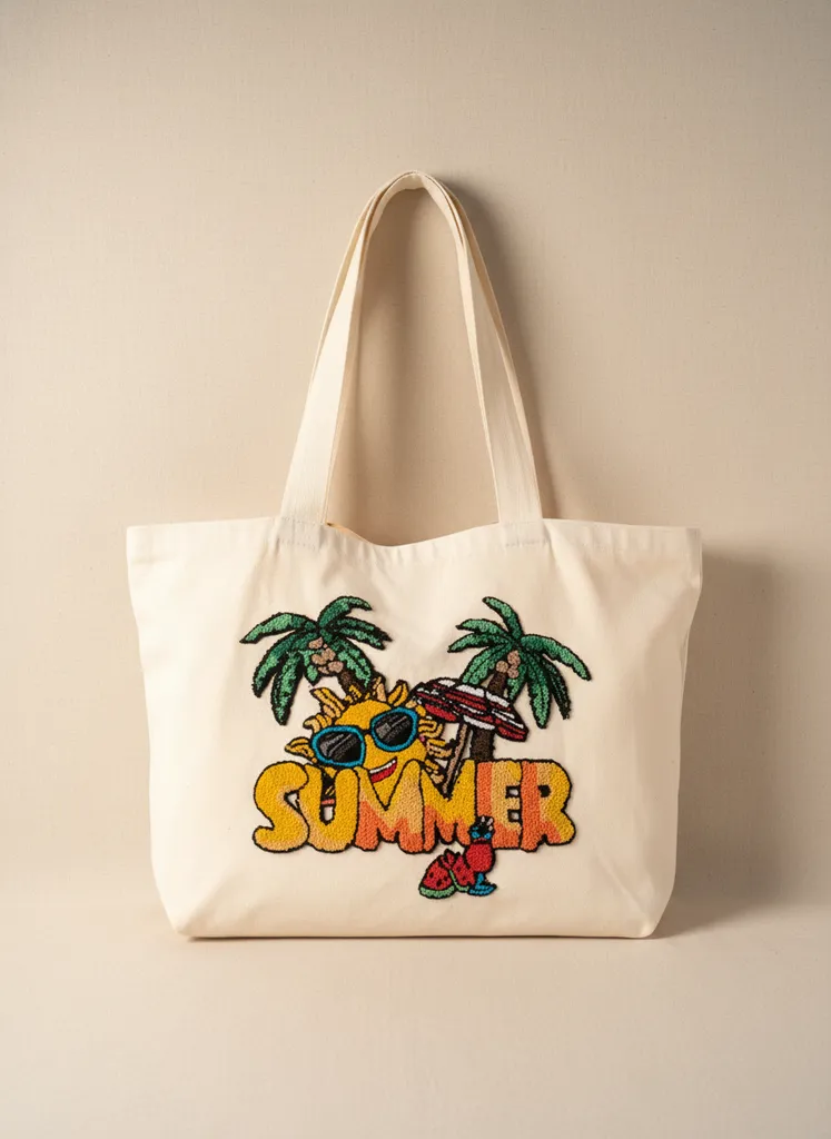 Summer Temalı Punch Nakışlı Omuz Çantası - Astarlı ve Fermuarlı