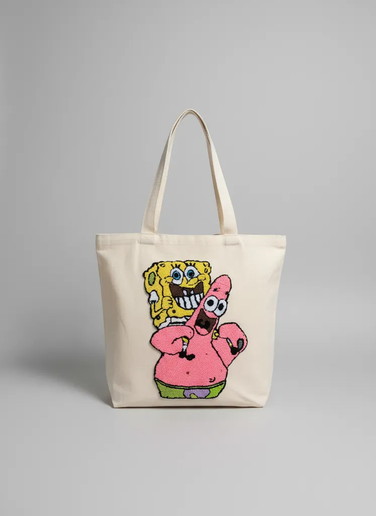 Krem Kanvas Çizgi Film Karakterli Punch Nakışlı Omuz Çantası