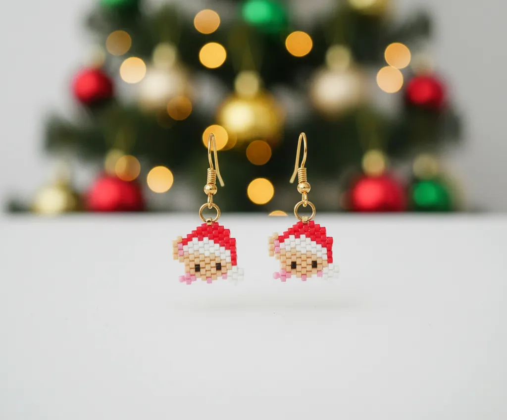 Boncuk İşlemeli Noel Baba Küpe - Miyuki Boncuklu, Yüksek Kalite