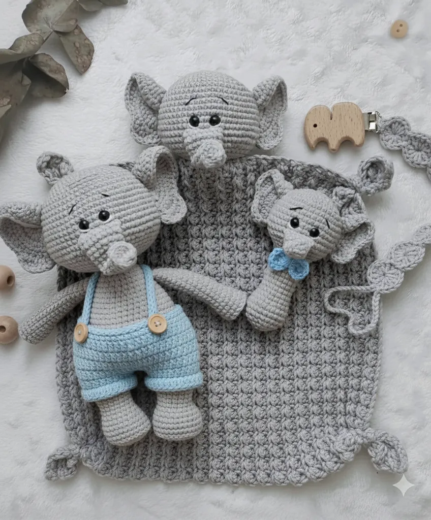 Gri Amigurumi Fil Oyuncak Bebek Uyku Seti - El Emeği