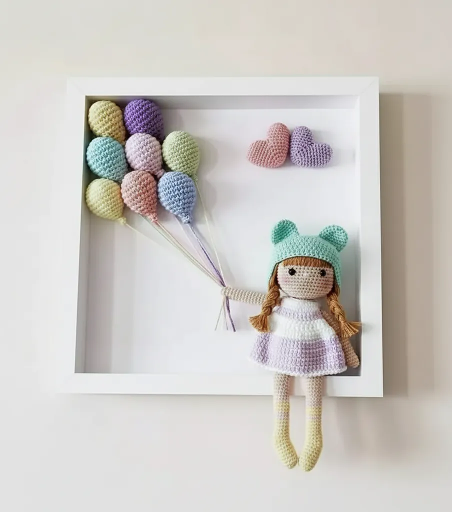 Örgü Bebek Duvar Süsü - Balonlu ve Kalpli, El Emeği Dekoratif