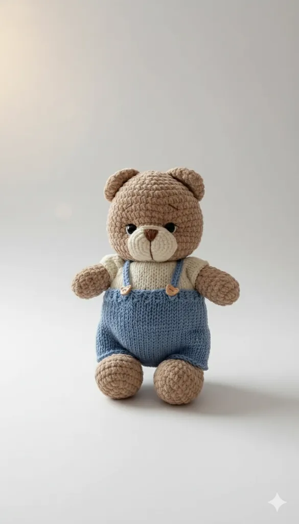 Örgü Ayıcık Oyuncak - Mavi Tulumlu, 26 cm - El Emeği