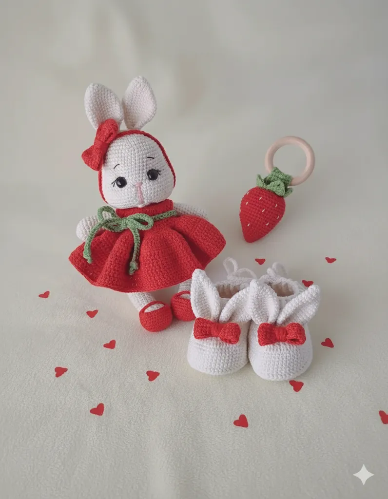 Amigurumi Oyuncak Bebek, Çilek Diş Kaşıyıcı ve Örgü Patik Seti