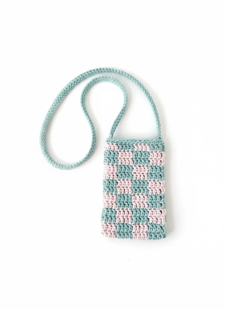 Örgü Dama Desenli Telefon Çantası - Açık Mavi ve Pembe