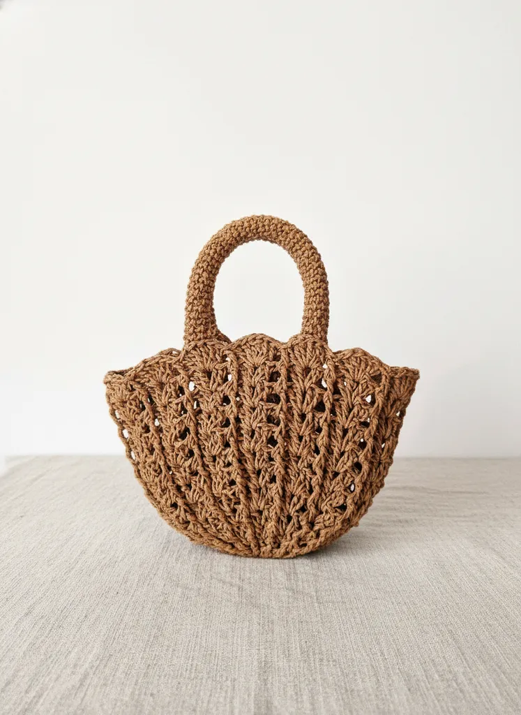 Kahverengi Kağıt İp Örgü Midye Çanta - 23x16 cm Ebatlarında