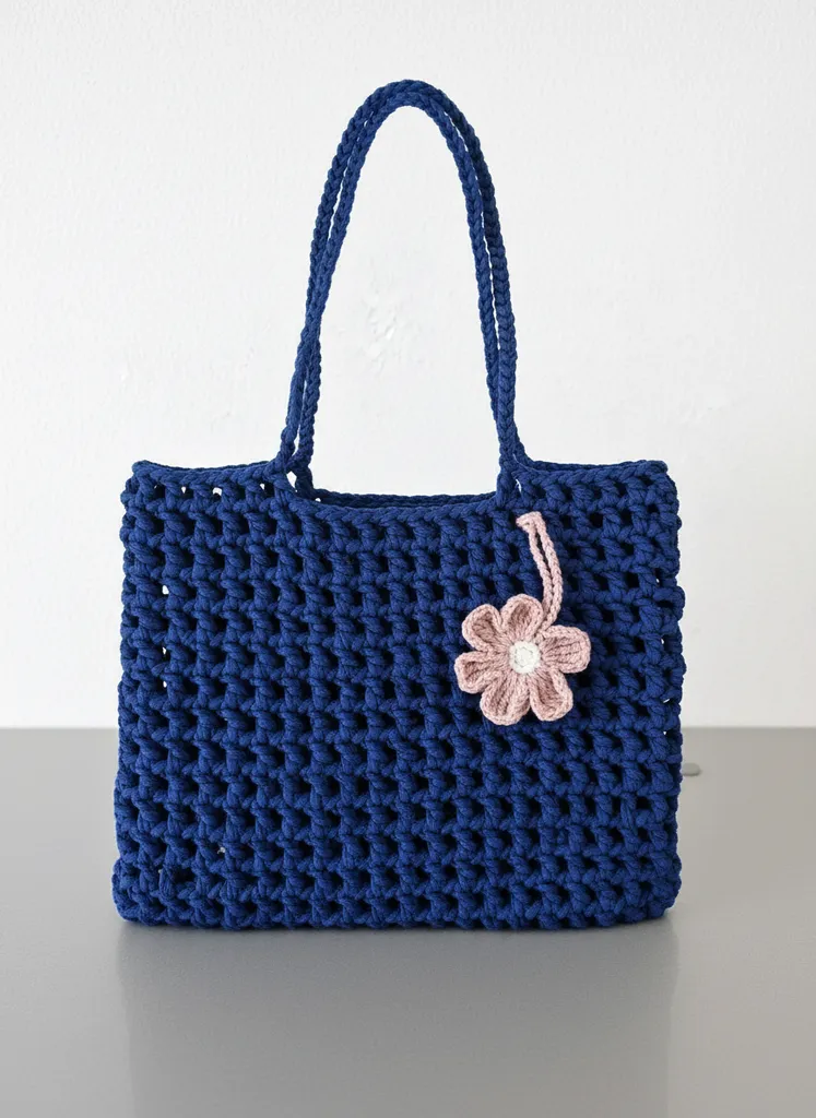Lacivert Penye İpten Örme Veronika File Çanta - El Emeği