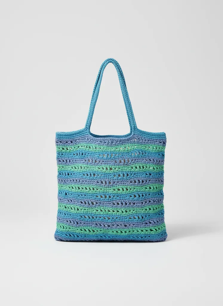 Mavi ve Yeşil Tonlarında Makrome Okyanus Dalgası Desenli Çanta