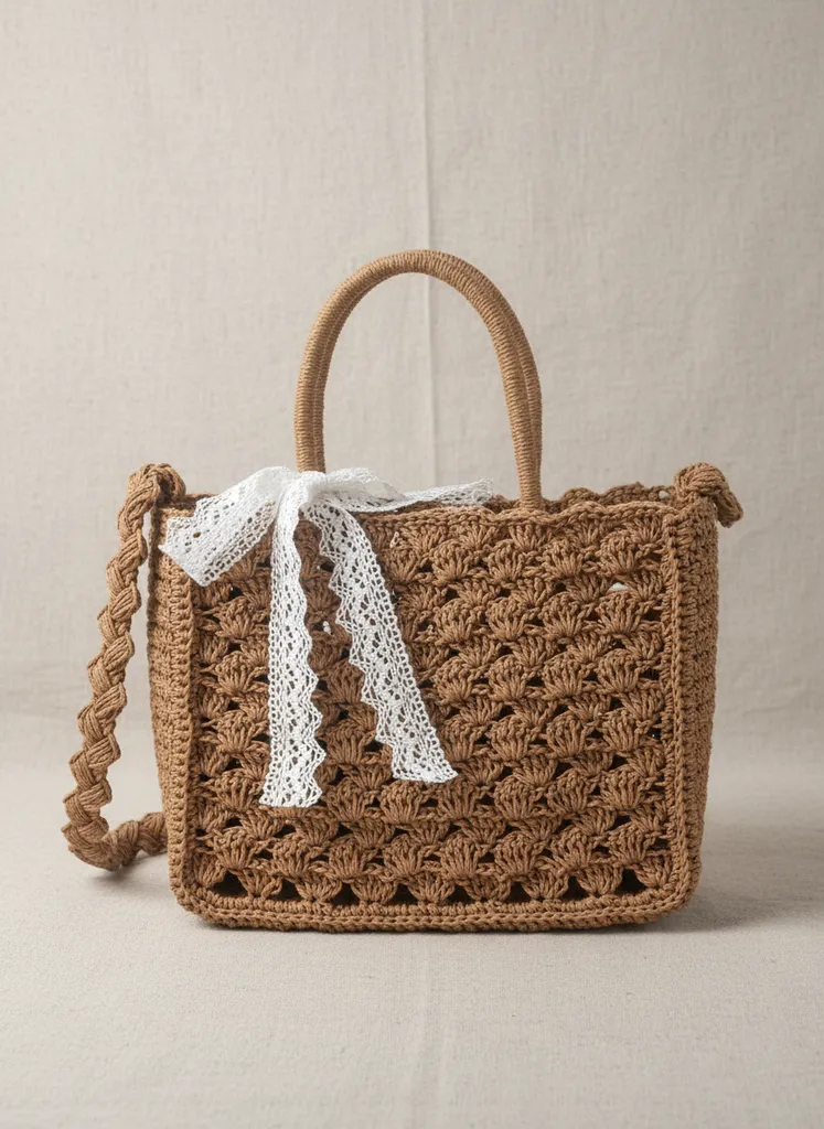 Kağıt İp Örgü Omuz Çantası - Kahverengi - Fiyonk Detaylı