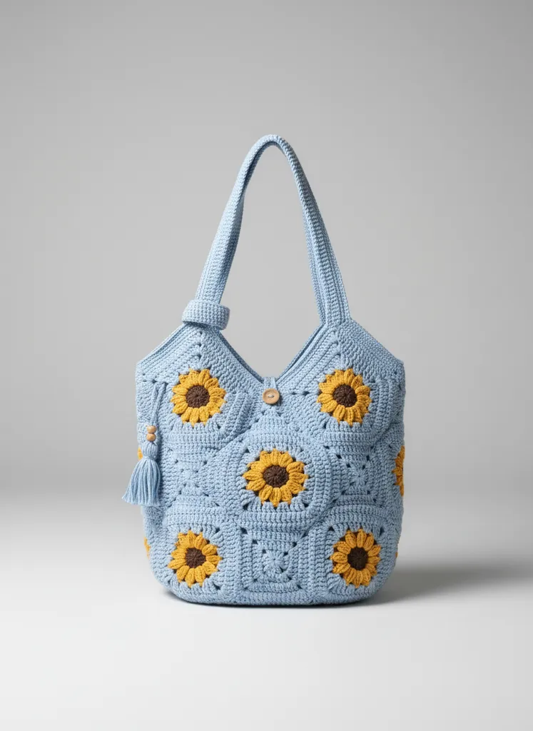Mavi Koton İpten Ayçiçek Motifli Örgü Çanta - El Emeği
