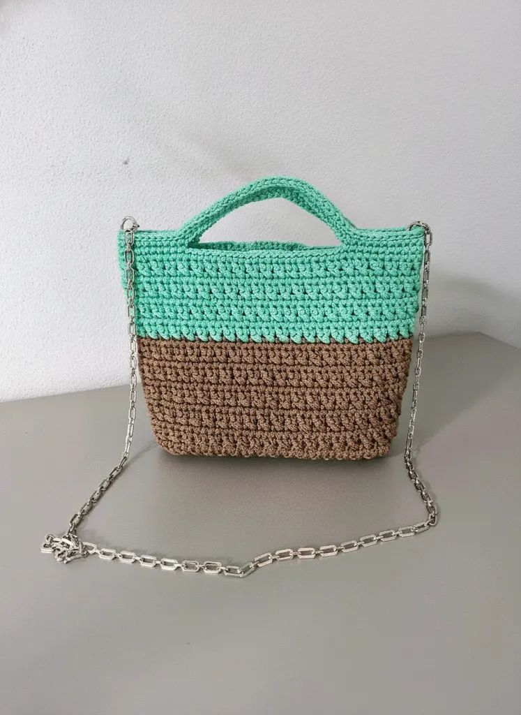 Yeşil Kahverengi Makrome Örgü Zincirli Serra Çanta - El Emeği