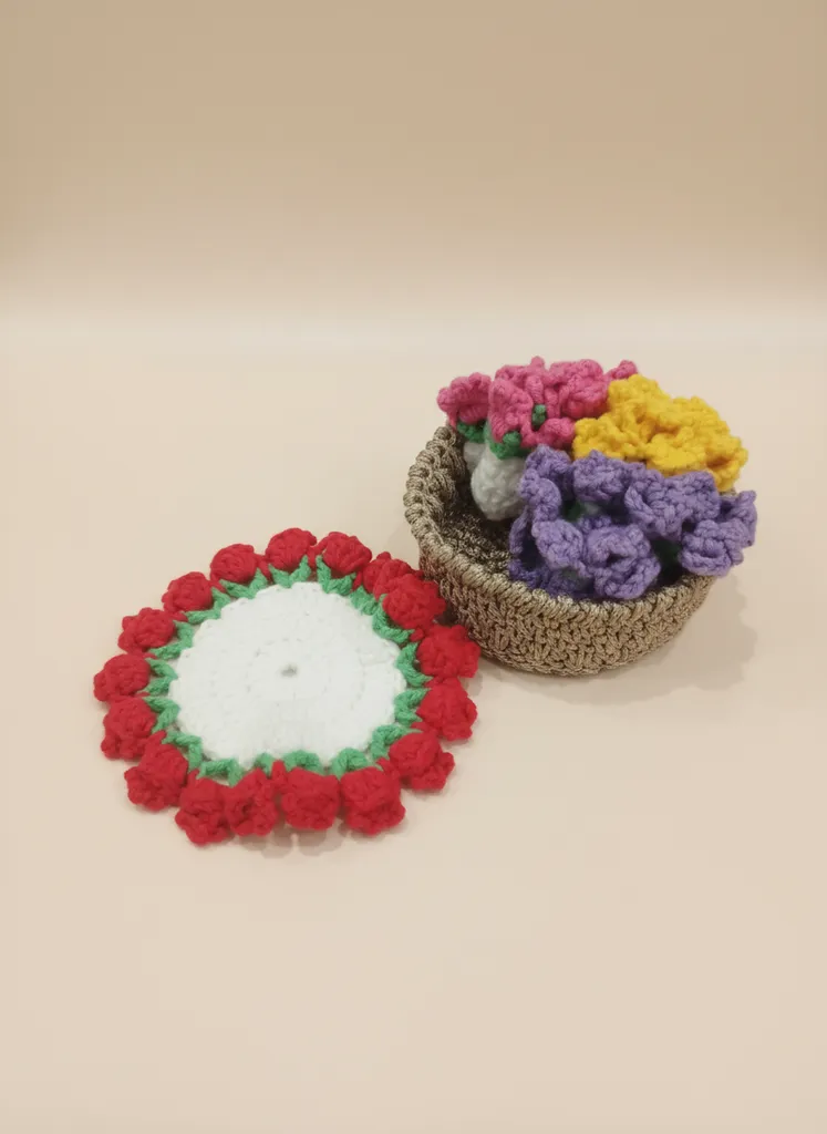 Örgü Bardak Altlığı ve Sepet Seti - Koton İpten El Emeği