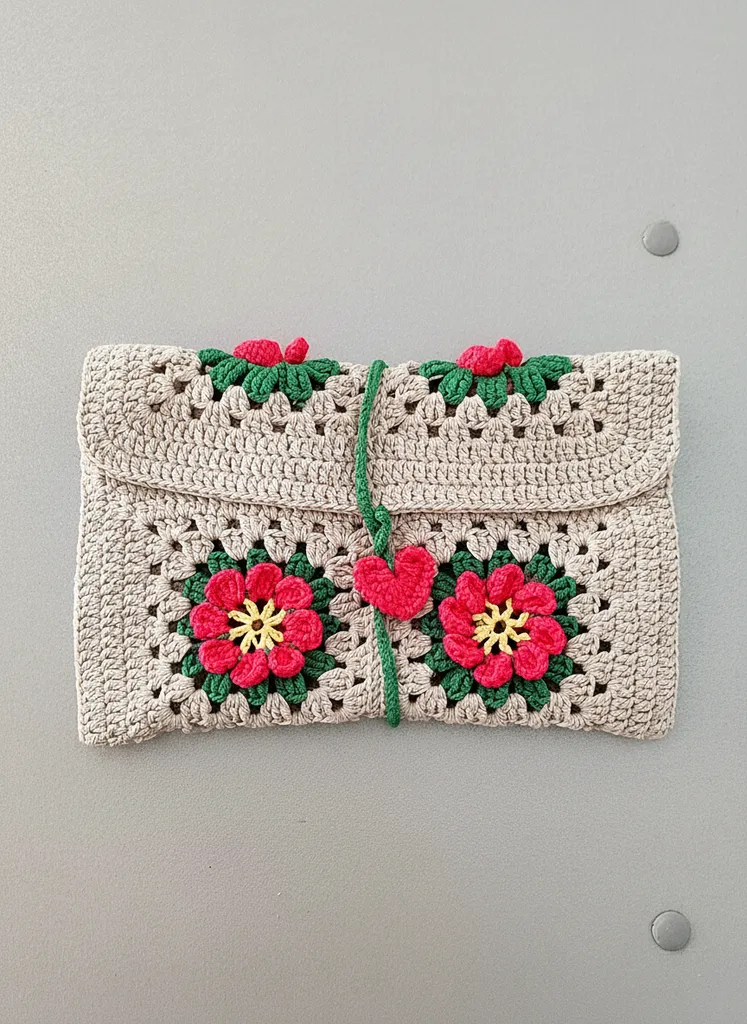 Krem Rengi Çiçek Desenli Örgü Kitap Kılıfı - El Emeği
