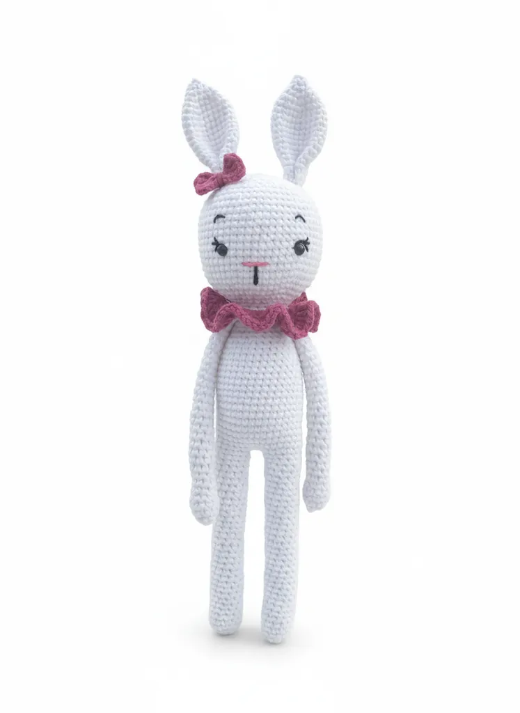 Beyaz Örgü Tavşan Amigurumi Oyuncak - Pembe Detaylı - El Emeği
