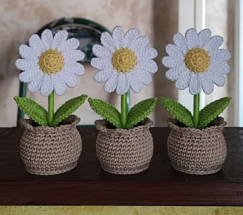 Örgü Saksıda Beyaz Papatya Buketi (3 Adet) - El Emeği