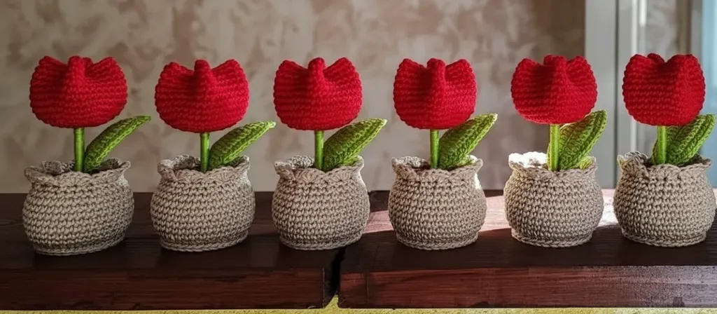 Örgü Kırmızı Lale Buketi - 6 Adet Saksıda El Emeği Dekoratif Çiçek