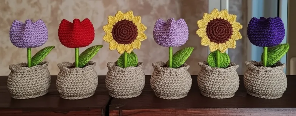 Örgü Saksıda Ayçiçeği ve Lale Buketi - Dekoratif El Emeği Çiçekler