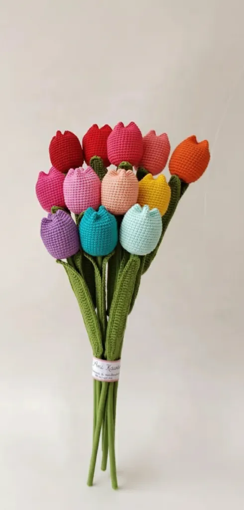 Renkli Örgü Lale Buketi - 12 Adet - Dekoratif El Emeği