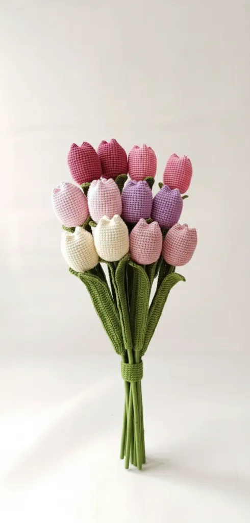 Örgü Lale Buketi - 12 Adet Karışık Renkli Amigurumi Çiçek