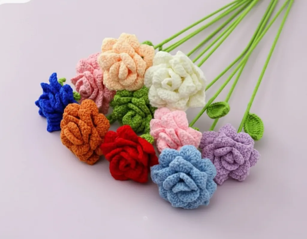 Renkli Örgü Gül Buketi - 10 Adet El Emeği Dekoratif Çiçek