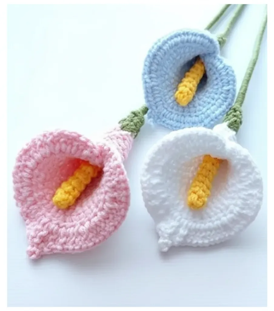 Pembe, Mavi, Beyaz Örgü Zambak Çiçeği Dekoratif Hediyelik - El Emeği