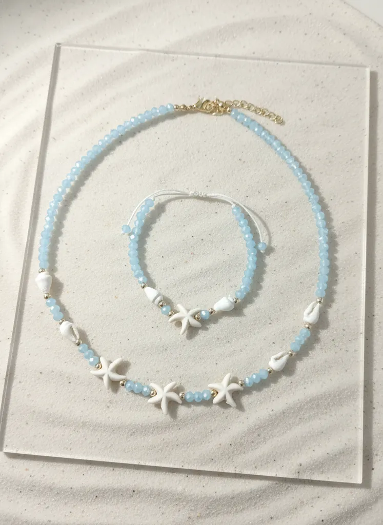 Mavi Kristal Boncuklu Deniz Kabuklu Ve Deniz Yıldızlı Kolye Bileklik Seti