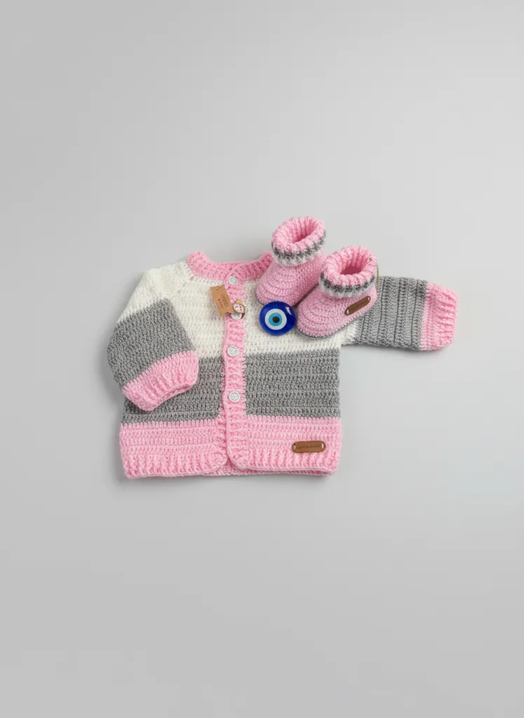 Pembe-Beyaz-Melanj Kız Bebek Hırkası, Örgü Bot Hediyeli