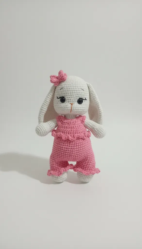Tulumlu Amigurumi Örgü Tavşan Oyuncak Bebek - Pembe Detaylı - El Emeği