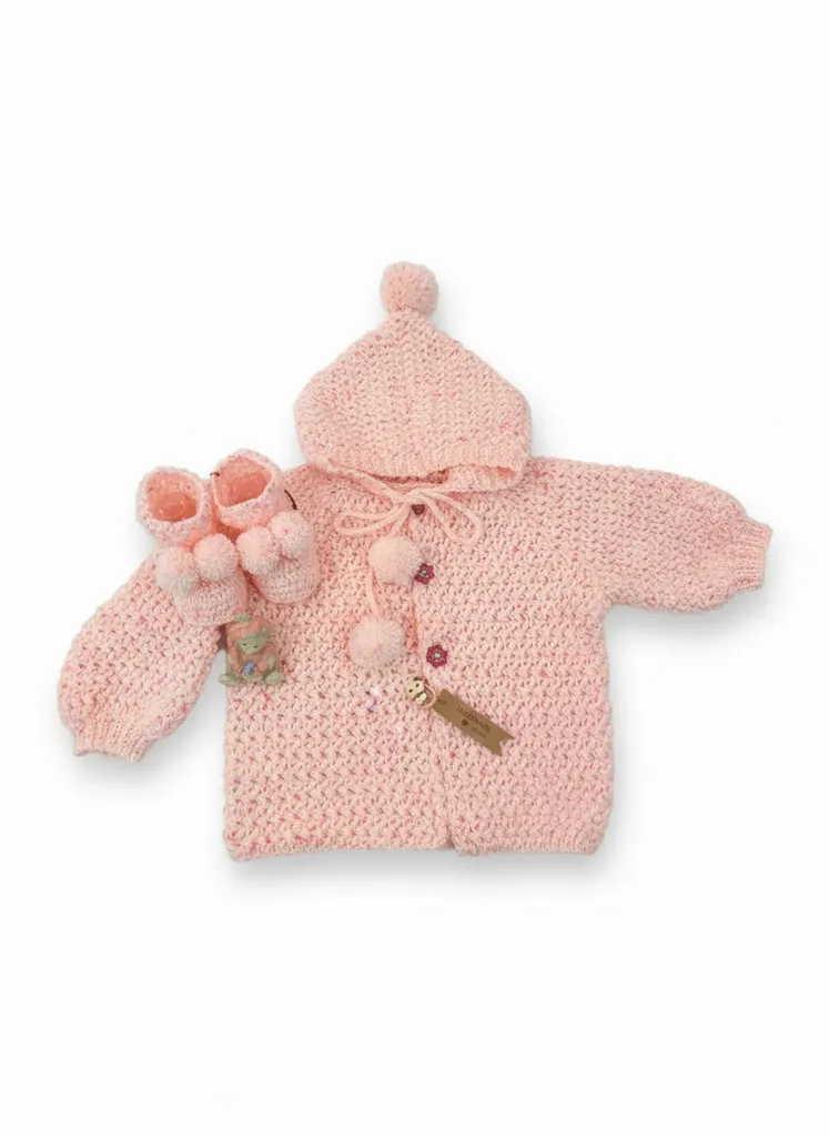 Pembe Ponponlu Kız Bebek Örgü Hırka, Bot Ve Kapüşonlu Bere Takımı