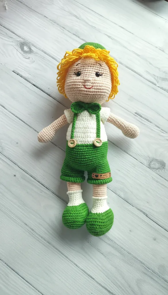 Yeşil Şapkalı Örgü Çocuk Bebek - 33 cm El Emeği Oyuncak