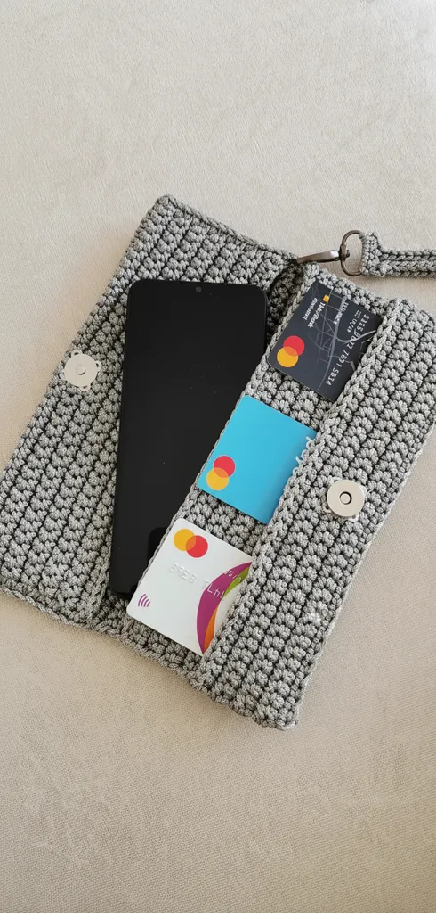 Gri Makrome Örgü Telefon ve Kartlık Cüzdan - El Emeği