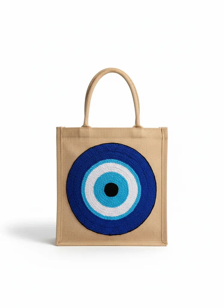Jute Fabric Evil Eye Punch Needle Embroidered Shoulder Bag - Handmade