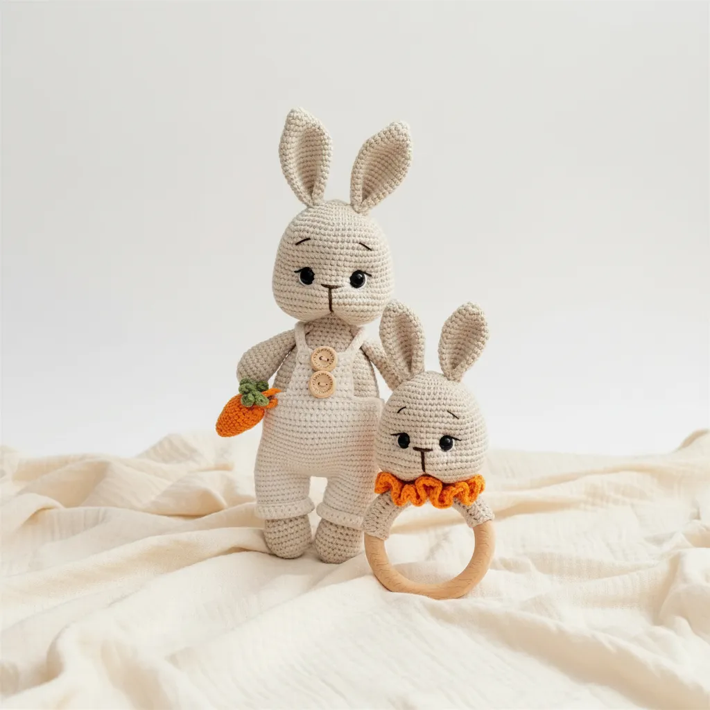 Amigurumi Tavşan Oyuncak Seti - Havuçlu ve Halkalı, El Yapımı