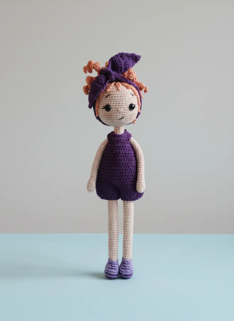 Mor Tulumlu Amigurumi Bebek - 30 cm Boyunda Organik Oyuncak