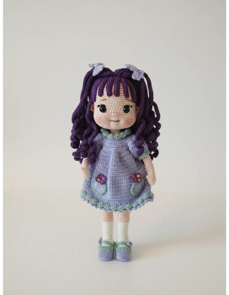 Purple Hair Amigurumi Toy Doll - 28 cm Tall Handmade