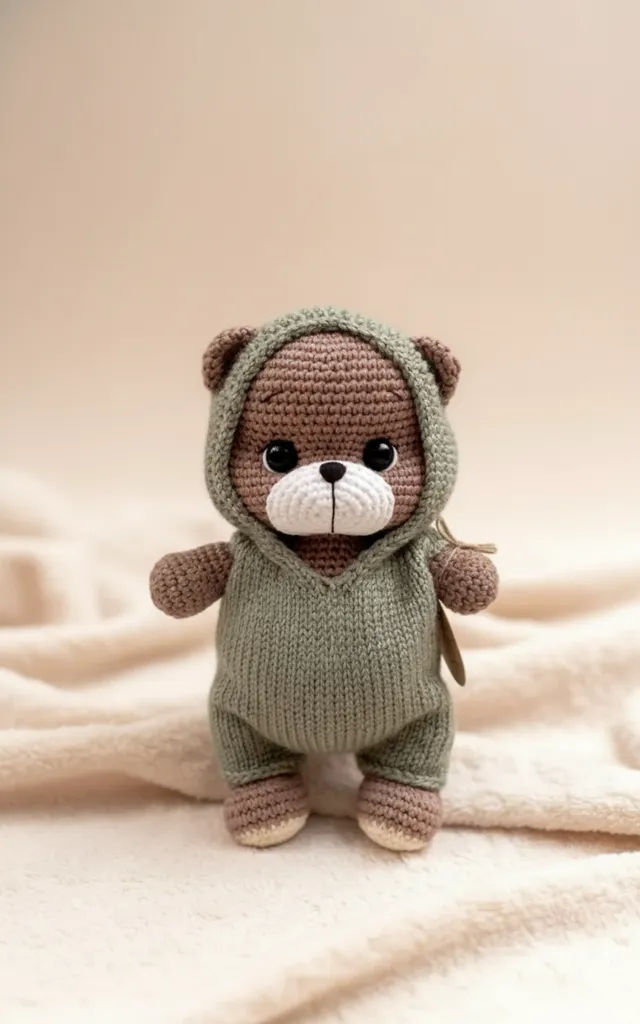 Örme Yeşil Tulumlu Ayıcık Oyuncak Bebek - El Emeği