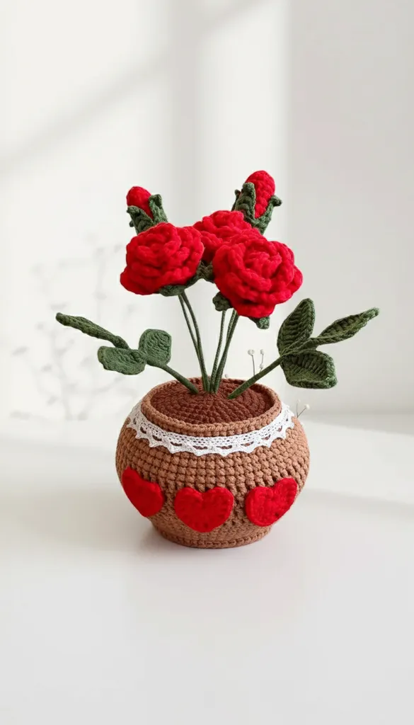 Örgü Kırmızı Gül Aranjmanı - Kalpli Saksıda Dekoratif El Emeği