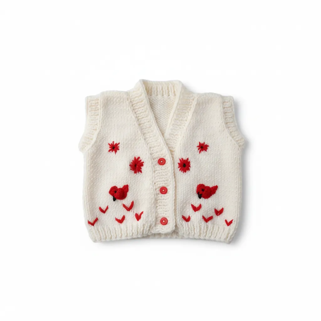 Beyaz Örgü Bebek Çocuk Yelek - Kırmızı Desenli - El Emeği