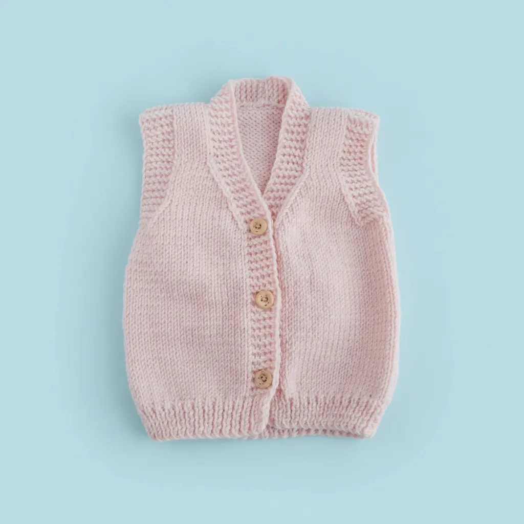 Pembe Örgü Bebek Yeleği - Düğmeli, 6-9 Aylık - El Emeği