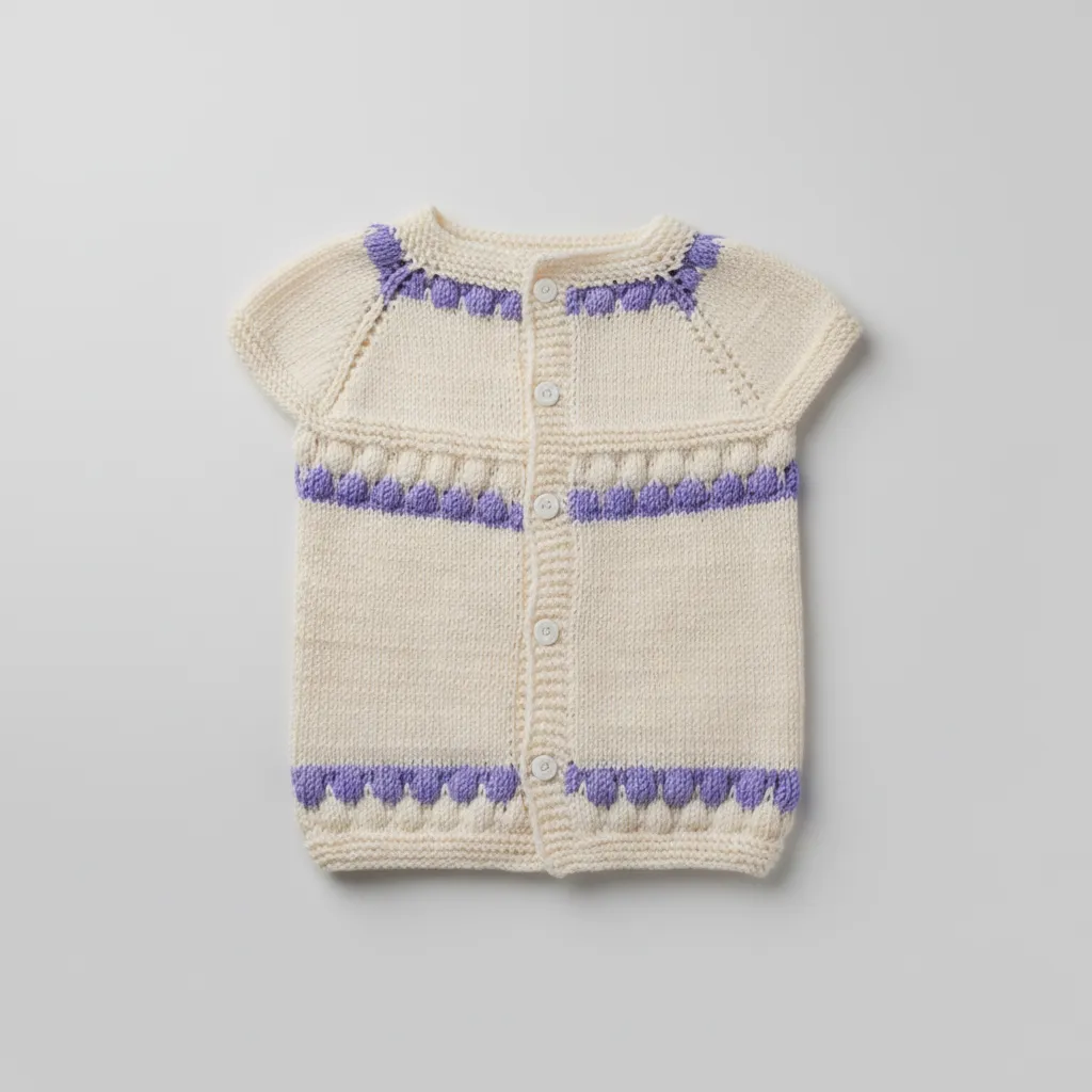 Krem ve Lila Desenli Örgü Bebek Yelek - El Emeği