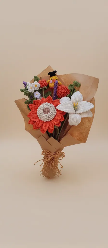 Örgü Ayçiçeği ve Zambak Buketi - Solmayan Tığ İşi Çiçek Aranjmanı