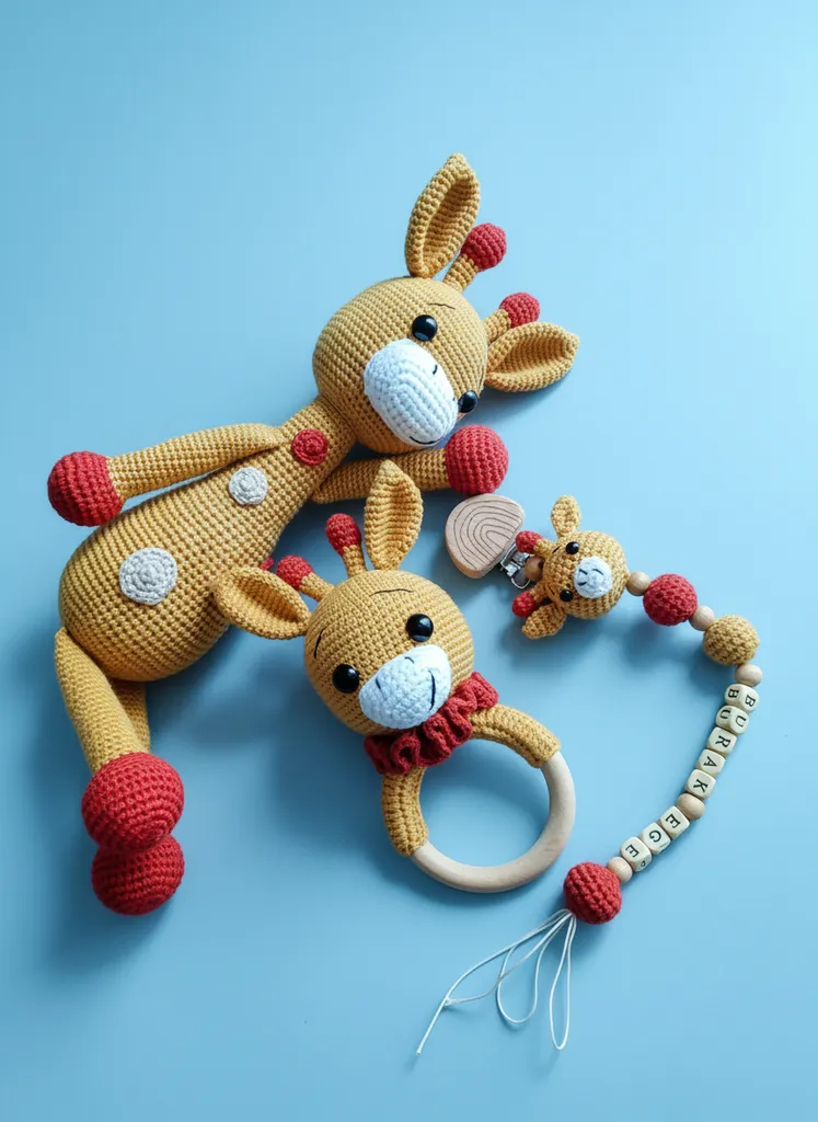 Sarı Zürafa Örgü Oyuncak ve Ahşap Emzik Zinciri Seti - El Emeği