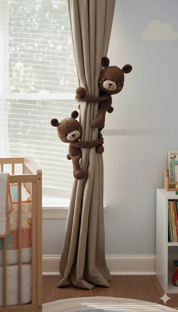 Örme Oyuncak Ayı Figürlü Perde Tutucu - 2'li Set