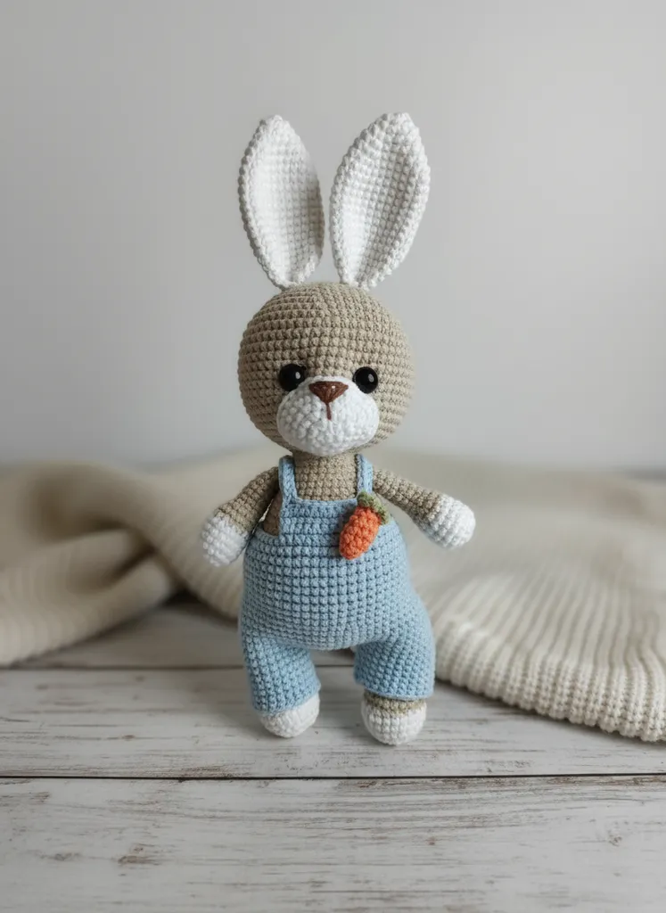 Örgü Oyuncak Tavşan - Uzun Kulaklı, Mavi Tulumlu, El Emeği