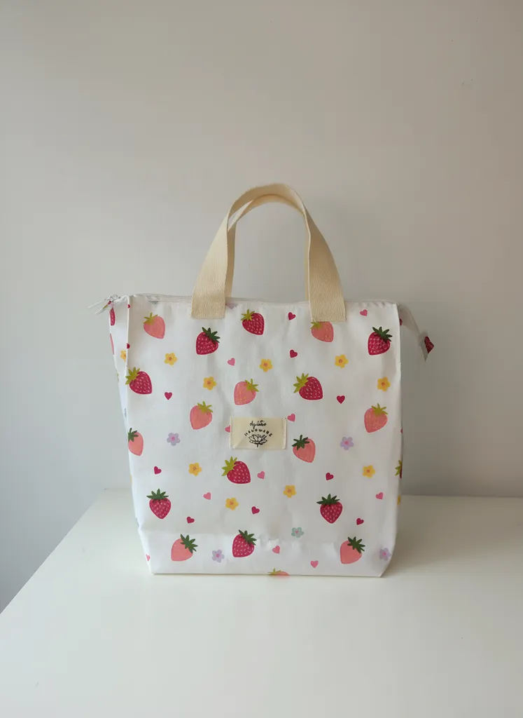 Beyaz Zemin Üzeri Çilek Desenli Termoslu Beslenme Çantası