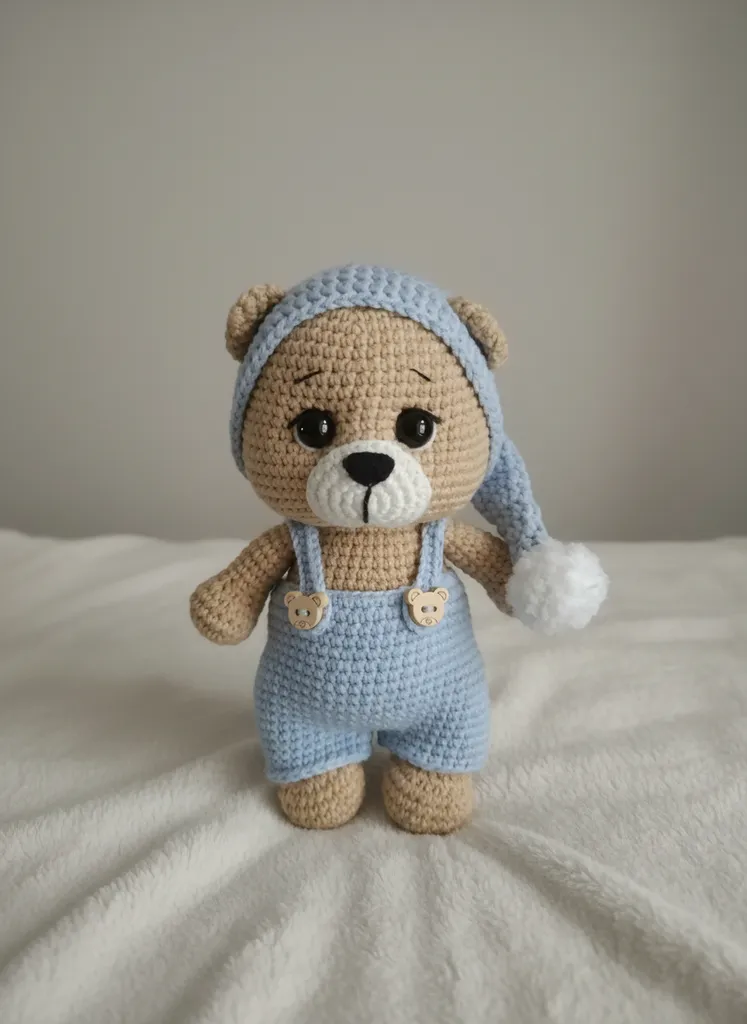 Örgü Uyku Arkadaşı Ayıcık - Mavi Tulumlu ve Şapkalı (20 cm)