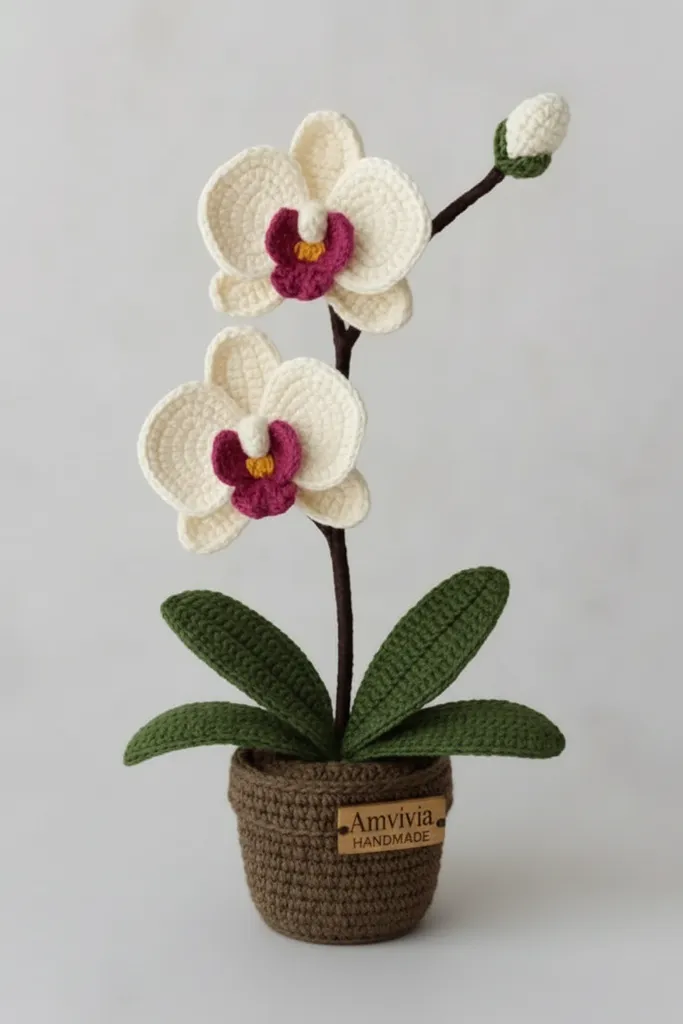 Krem Renkli Örgü Orkide Saksıda Dekoratif Çiçek - El Yapımı
