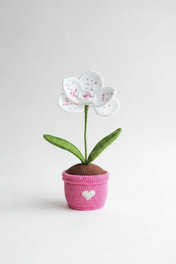 Örgü Saksıda Orkide Tek Çiçek - Pembe Saksı ve El Emeği