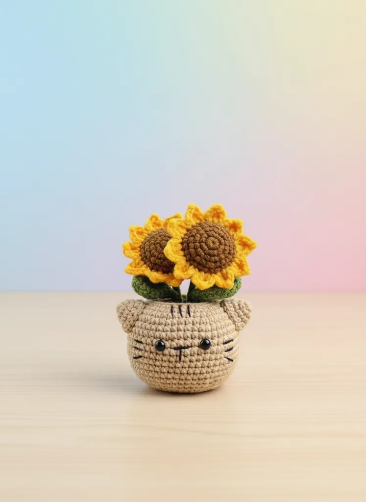 Örgü Ayçiçeği ve Bej Kedili Saksı - El Yapımı Dekoratif Çiçek