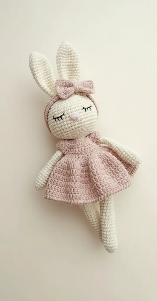 Pembe Elbiseli Örgü Uykucu Tavşan Bebek - El Yapımı Oyuncak